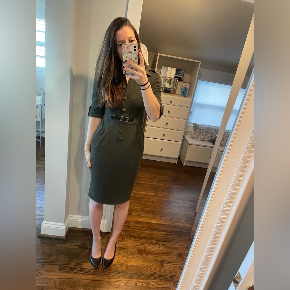 Adriana Papell military style dark green knee length dress with gold buttons - 4